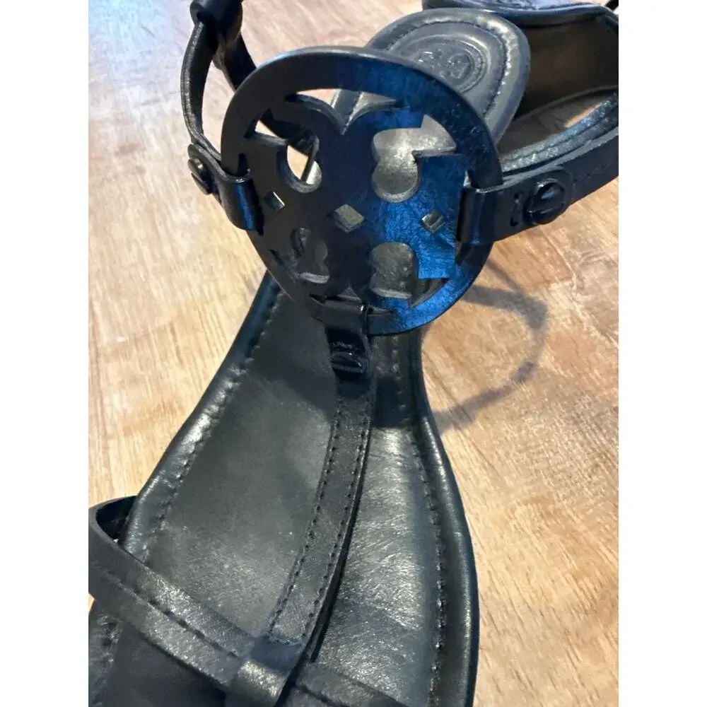 Tory Burch Miller T-Strap Wedge Sandals Black Leather Size 9